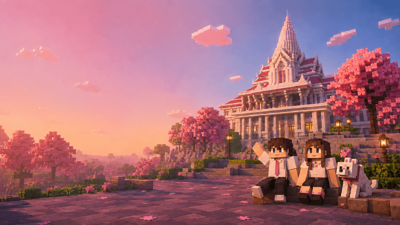 ChulaCraft players relaxing with a dog outside a Chulalongkorn-inspired Minecraft building
